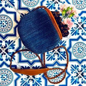 Vintage Pouch Bag Straw leather shoulder strap blue tan